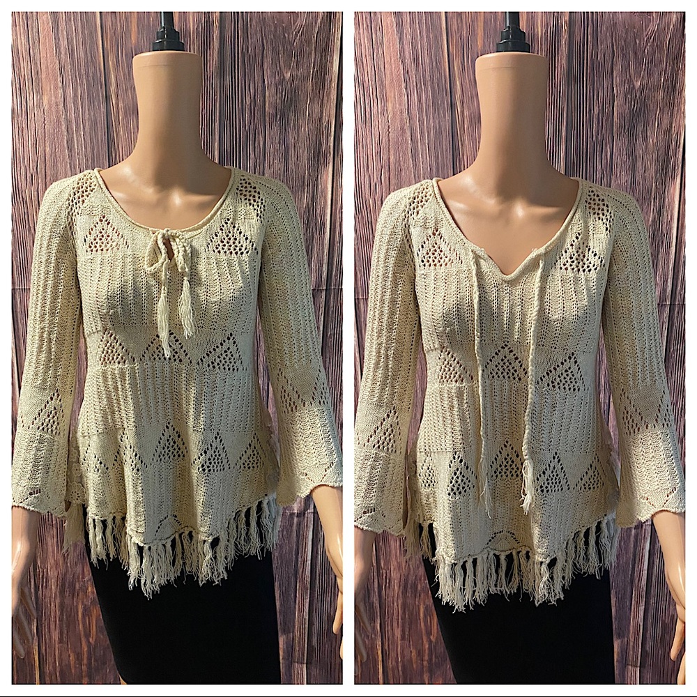 Double Zero size medium cream colored boho knit sweater with tassels